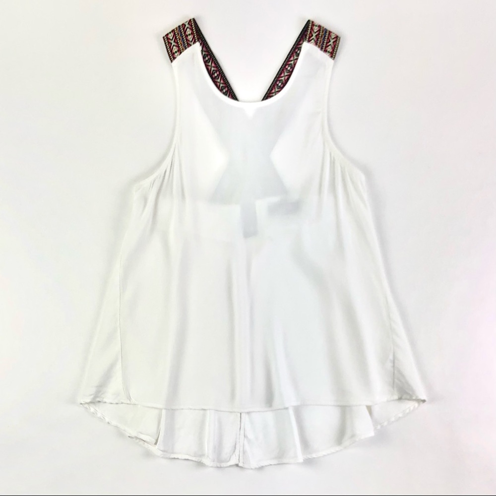 MOD Boutique Woven Embroidery Criss Cross Flounce Tank